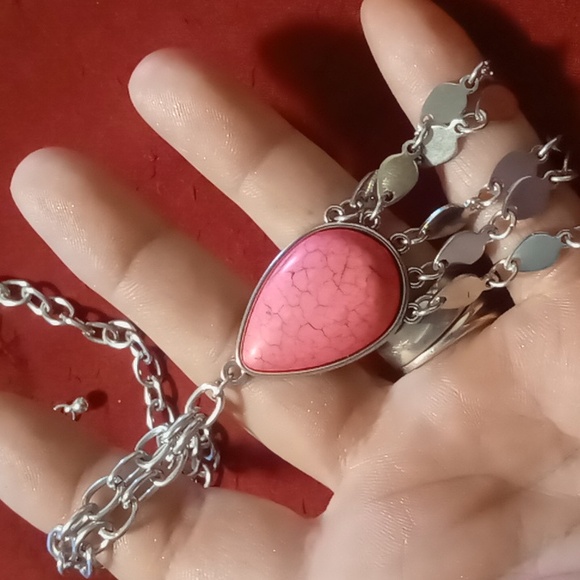 Circle links chain necklace with drop pendant tassel pink color stone Sz. 16+2 - Picture 3 of 4